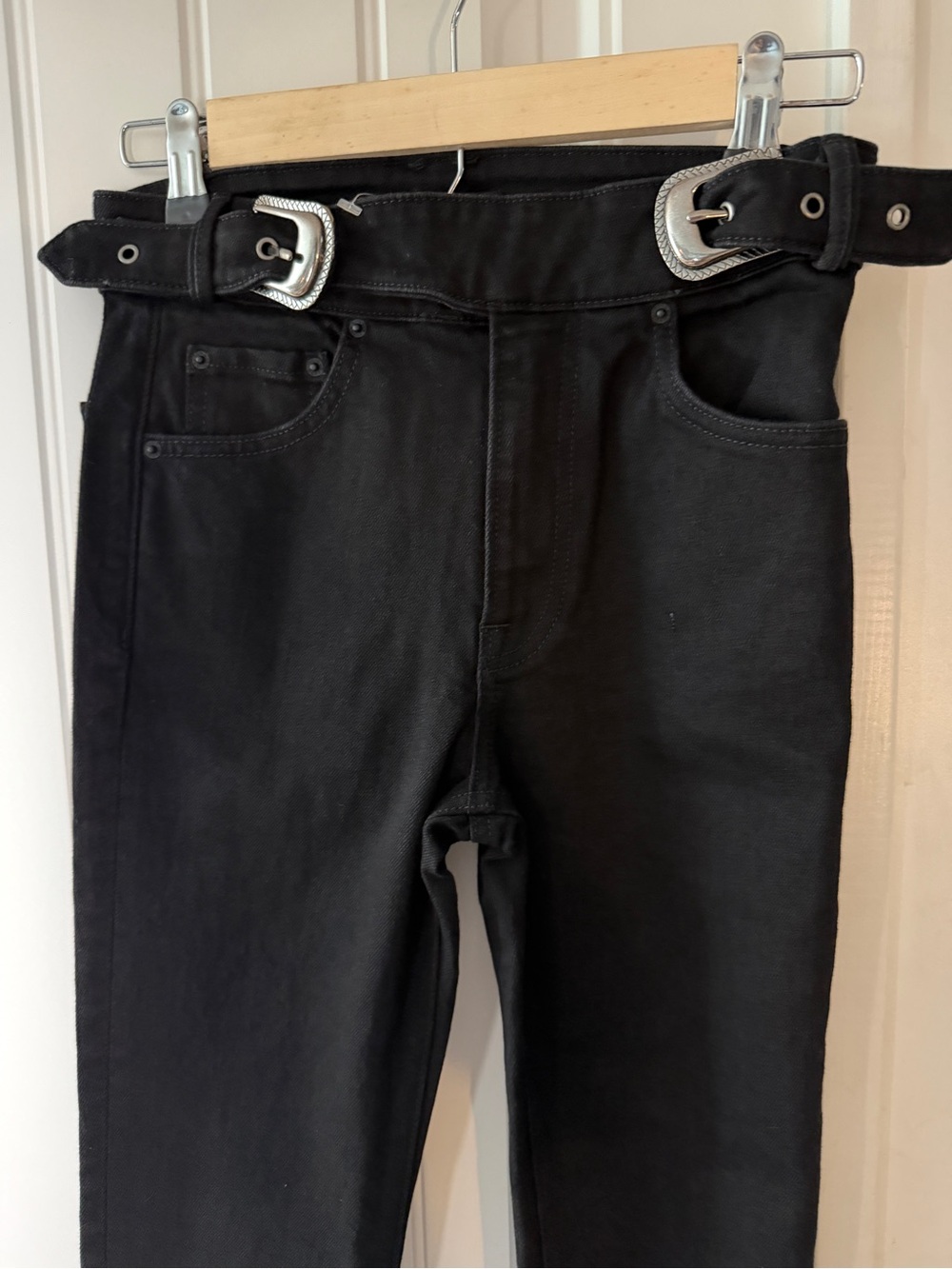 GRLFRND Jeans Sz 24 Black Zoey Belted Double Buckle Southwestern Stretch Denim
